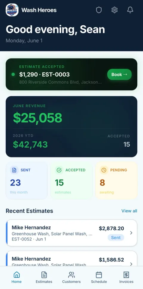 WashQuote dashboard showing accepted estimates and revenue
