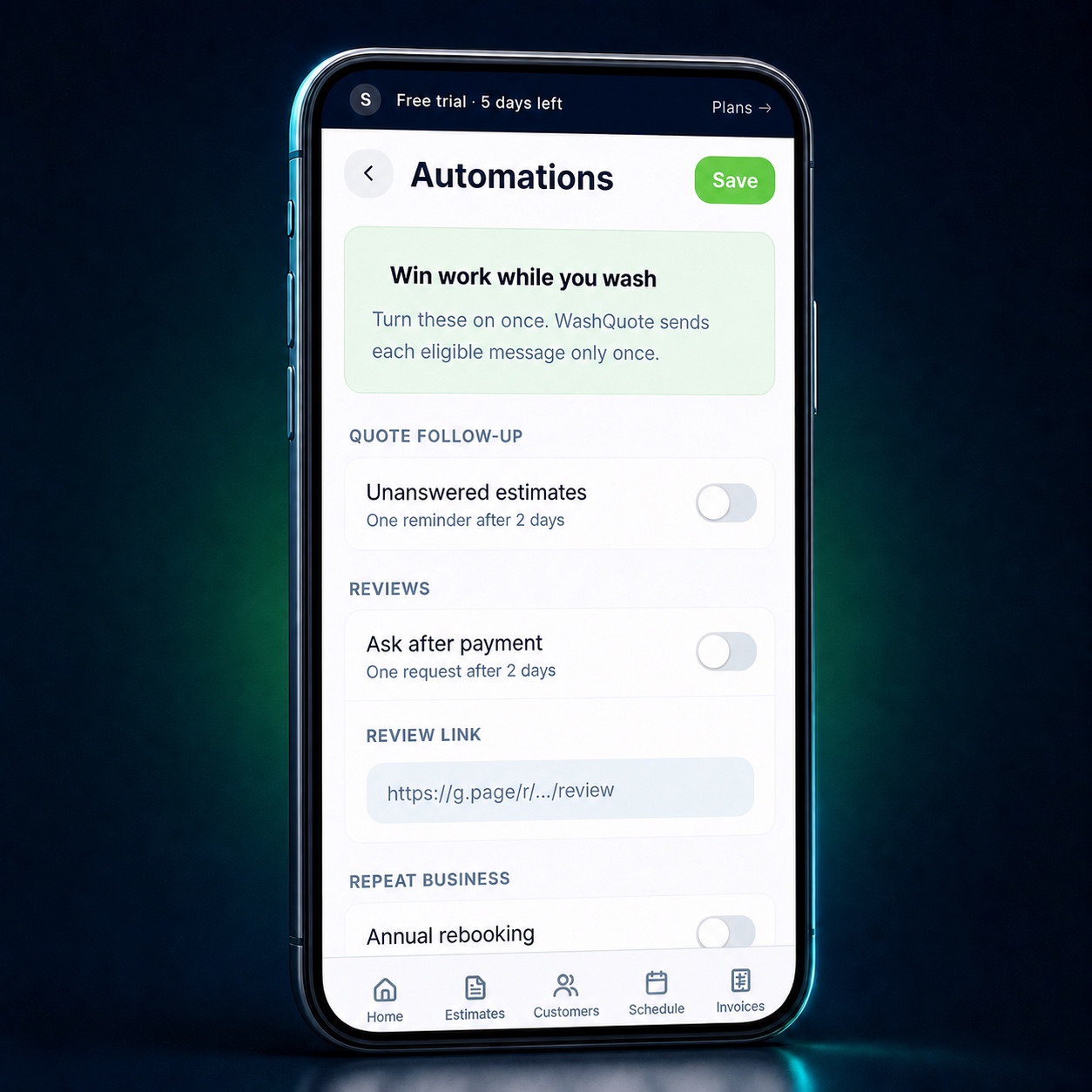 WashQuote Automations screen with estimate follow-up, Google review and rebooking settings